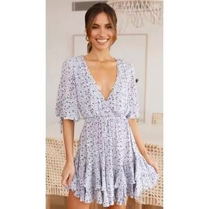 Beachsissi Blue Ditsy Floral Ruffle Hem Open Shoulder Mini Wrap Dress NWT Size L